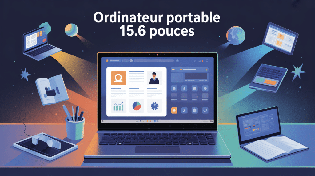 illustration ordinateur portable 15.6 pouces avec icônes usages