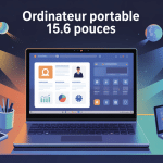 illustration ordinateur portable 15.6 pouces avec icônes usages