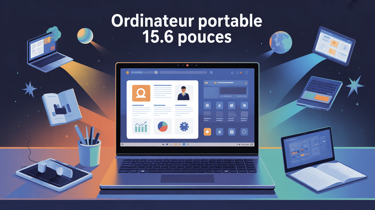 illustration ordinateur portable 15.6 pouces avec icônes usages