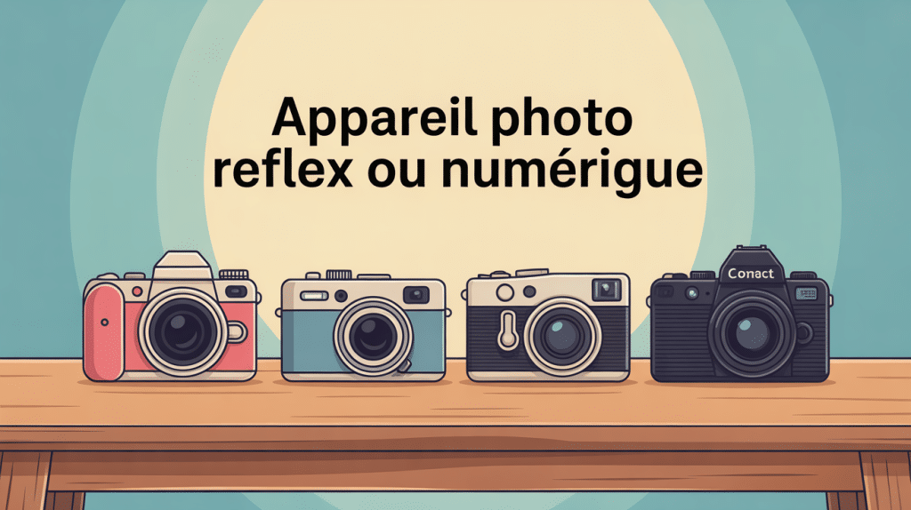 Comparatif appareils photo reflex ou numérique sur une table