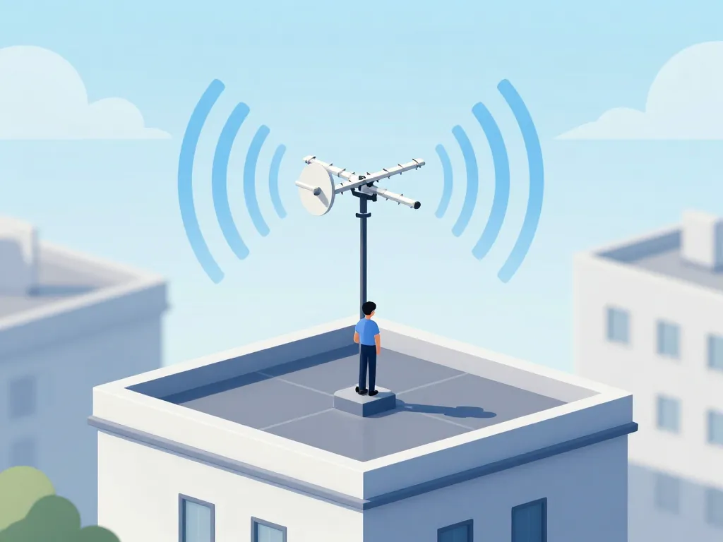 Technicien pose antenne omnidirectionnelle sur toiture